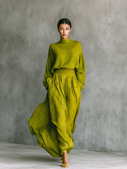 Pilar | Traje de mujer verde en mezcla de algodón y lino