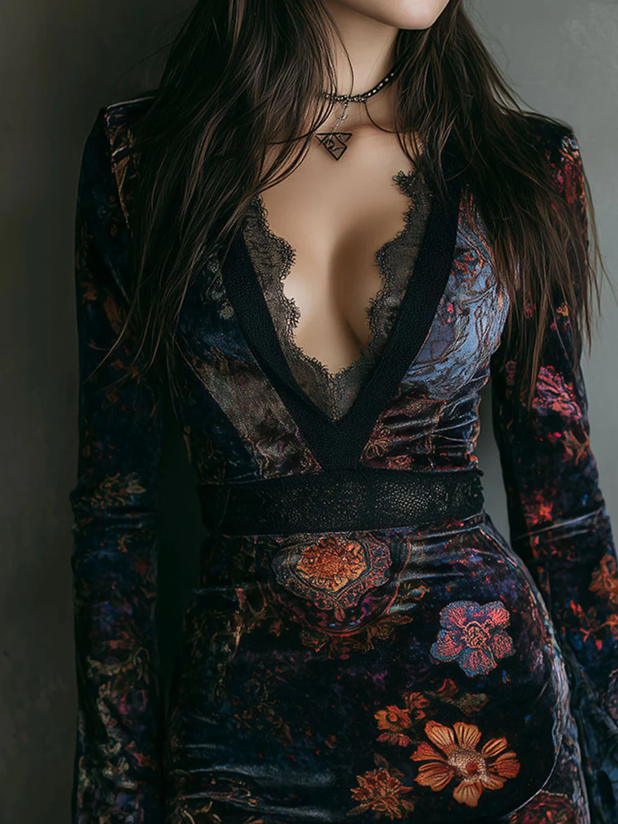 Serena | Minivestido Slim-fit en Terciopelo con Encaje y Estampado Floral