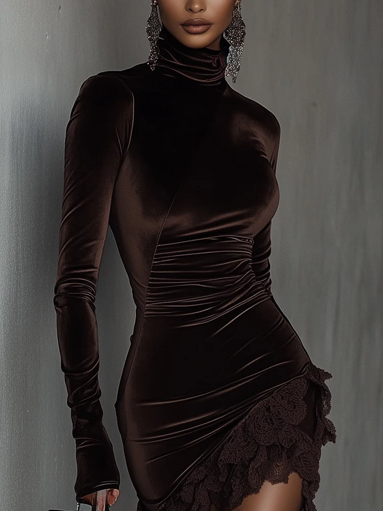 Giulia | Minivestido Fitted en Terciopelo Chocolate con Borde en Encaje
