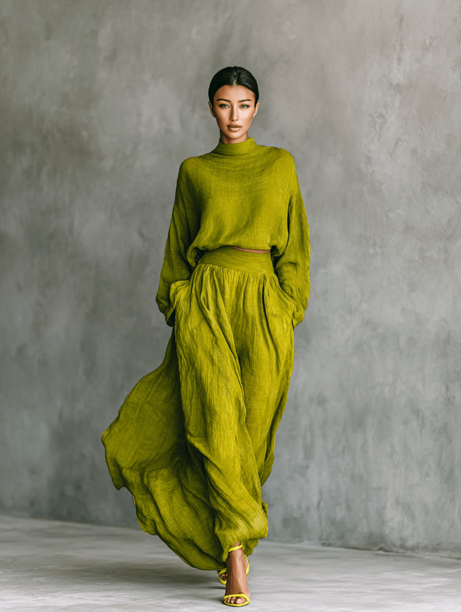 product_naPilar | Traje de mujer verde en mezcla de algodón y linome - Celia Brava